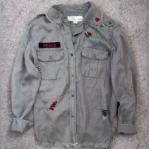 Vintage Havana Charcoal Button Down Shirt with Embroidered Accents